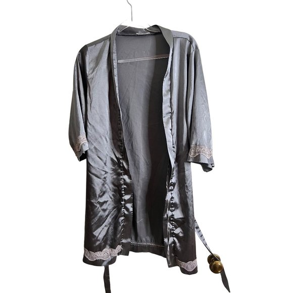 Ekouaer Robe Womens Small Classic Gray Satin Kimono Short Lounge Lace Accent - Picture 2 of 5
